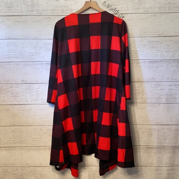 *Reborn Collection Red Black Buffalo Plaid Plus Size Open Front Cardigan Top - Picture 9 of 9